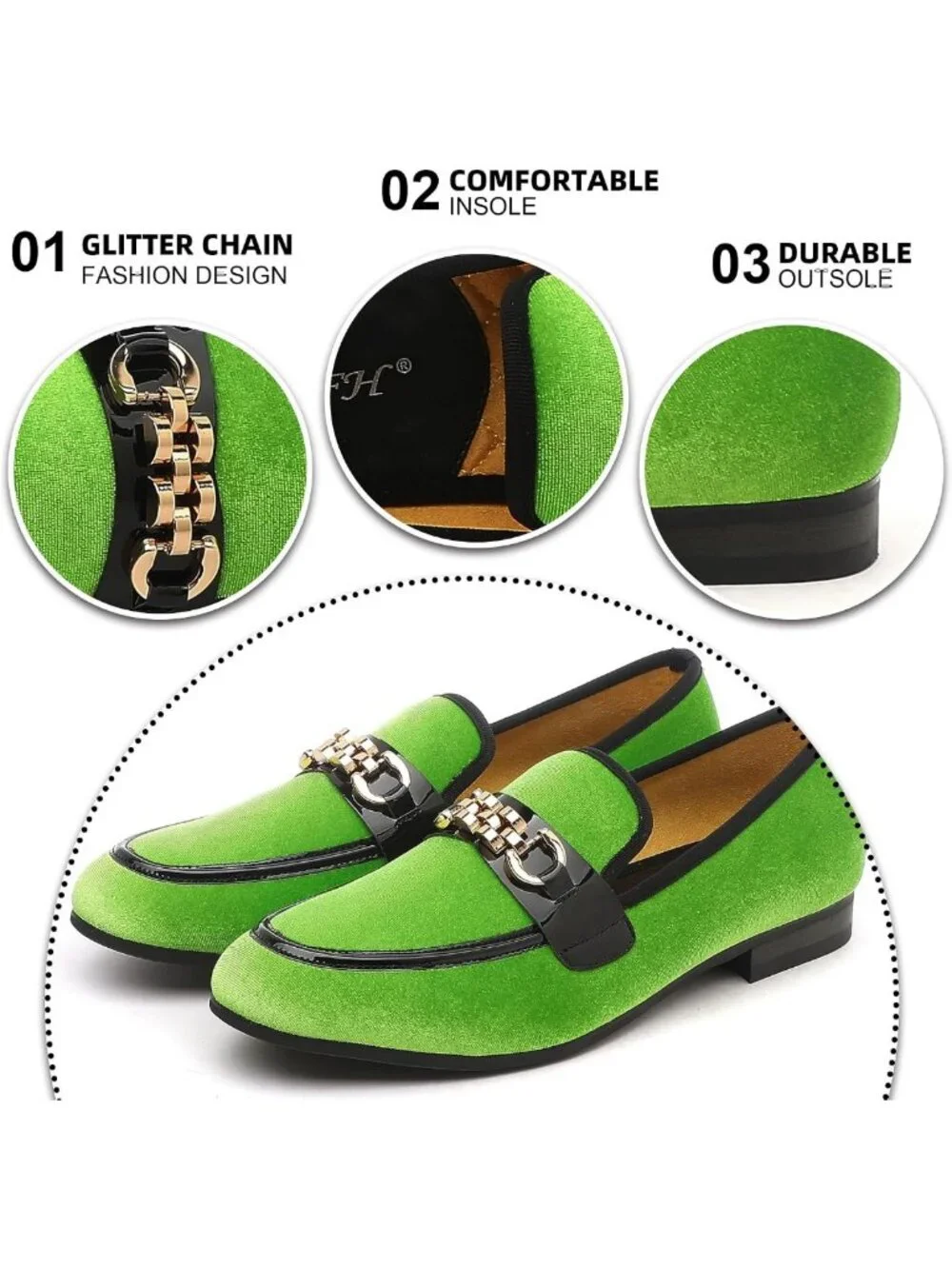 Men's Velvet Slip-On Loafers with Gold Chain Detail - Stylish Smoking Flats